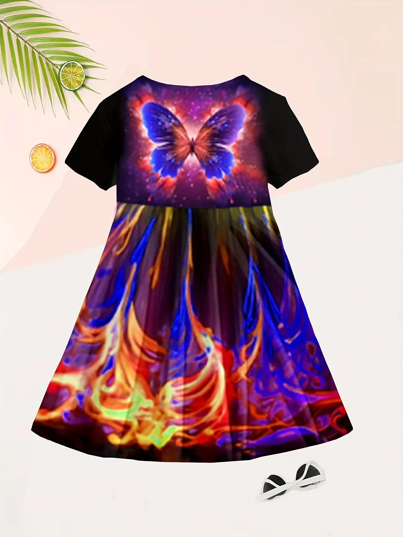 Enchanting 3D Butterfly Adorned Girls' Dress - Soft Cotton Crew Neck, Short Sleeve Design, Ideal for Summer Parties and Everyday Elegance