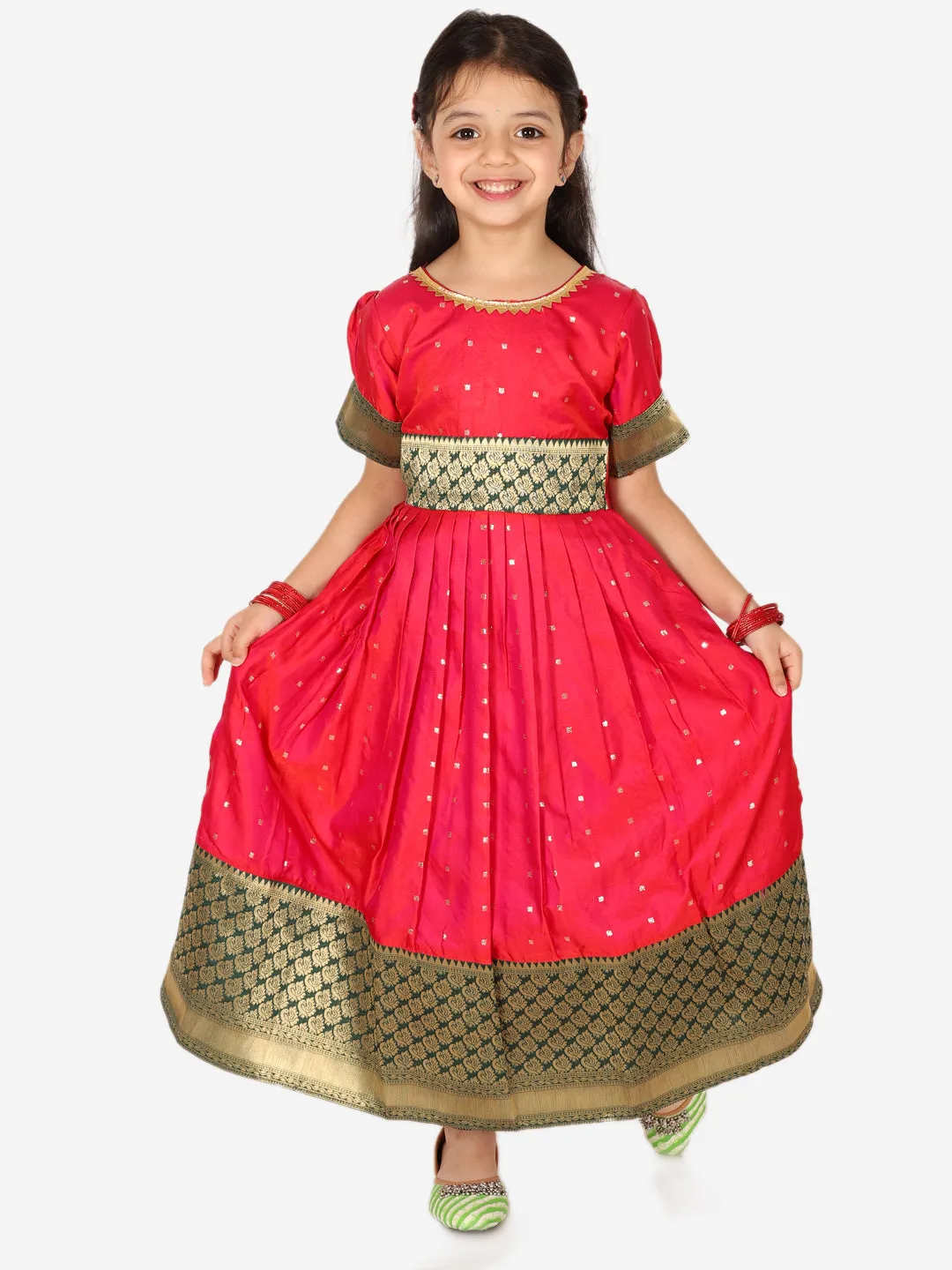 Ethnic Silk Booti Party Dress Gown for Girls- Pink