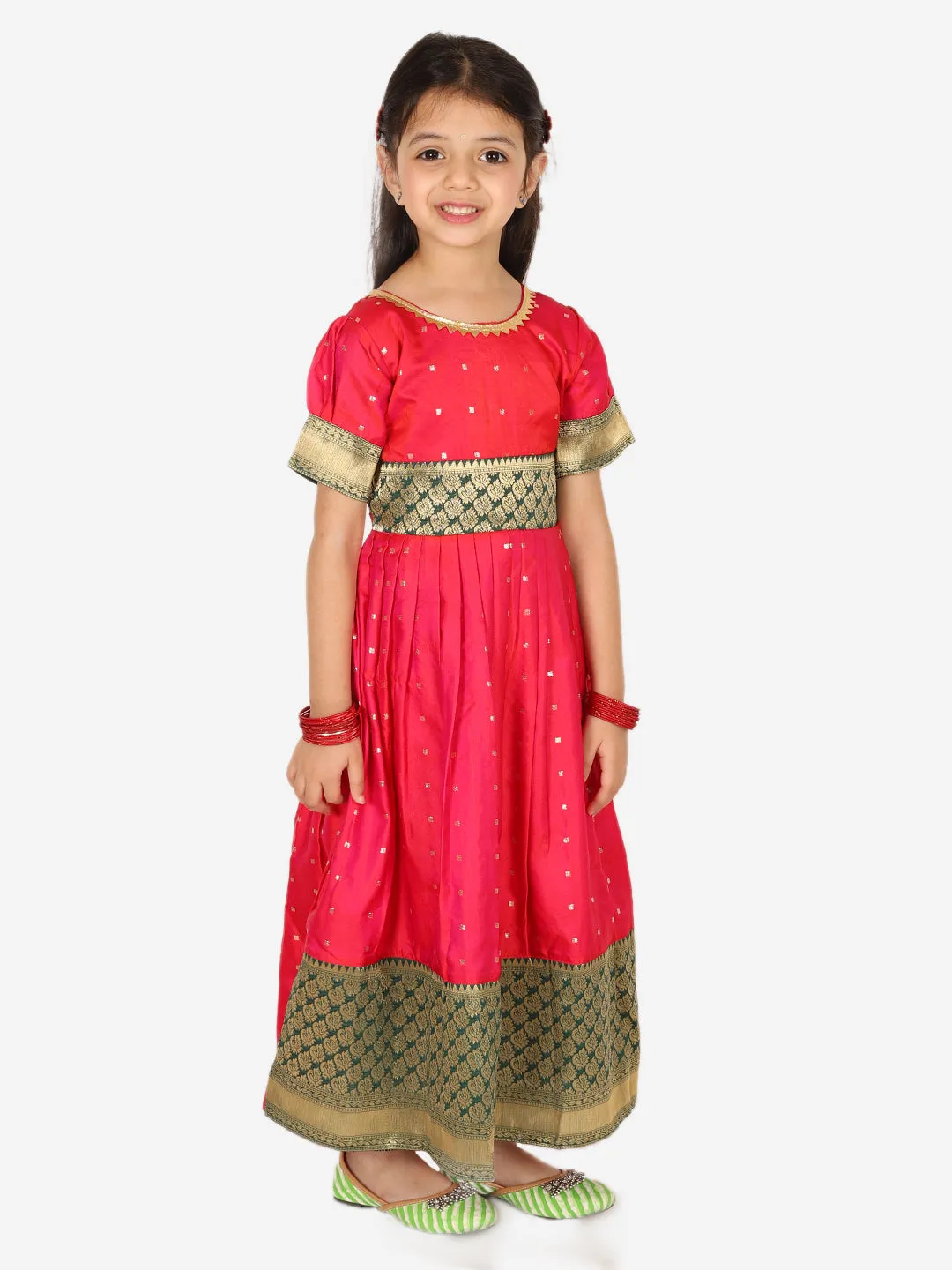 Ethnic Silk Booti Party Dress Gown for Girls- Pink