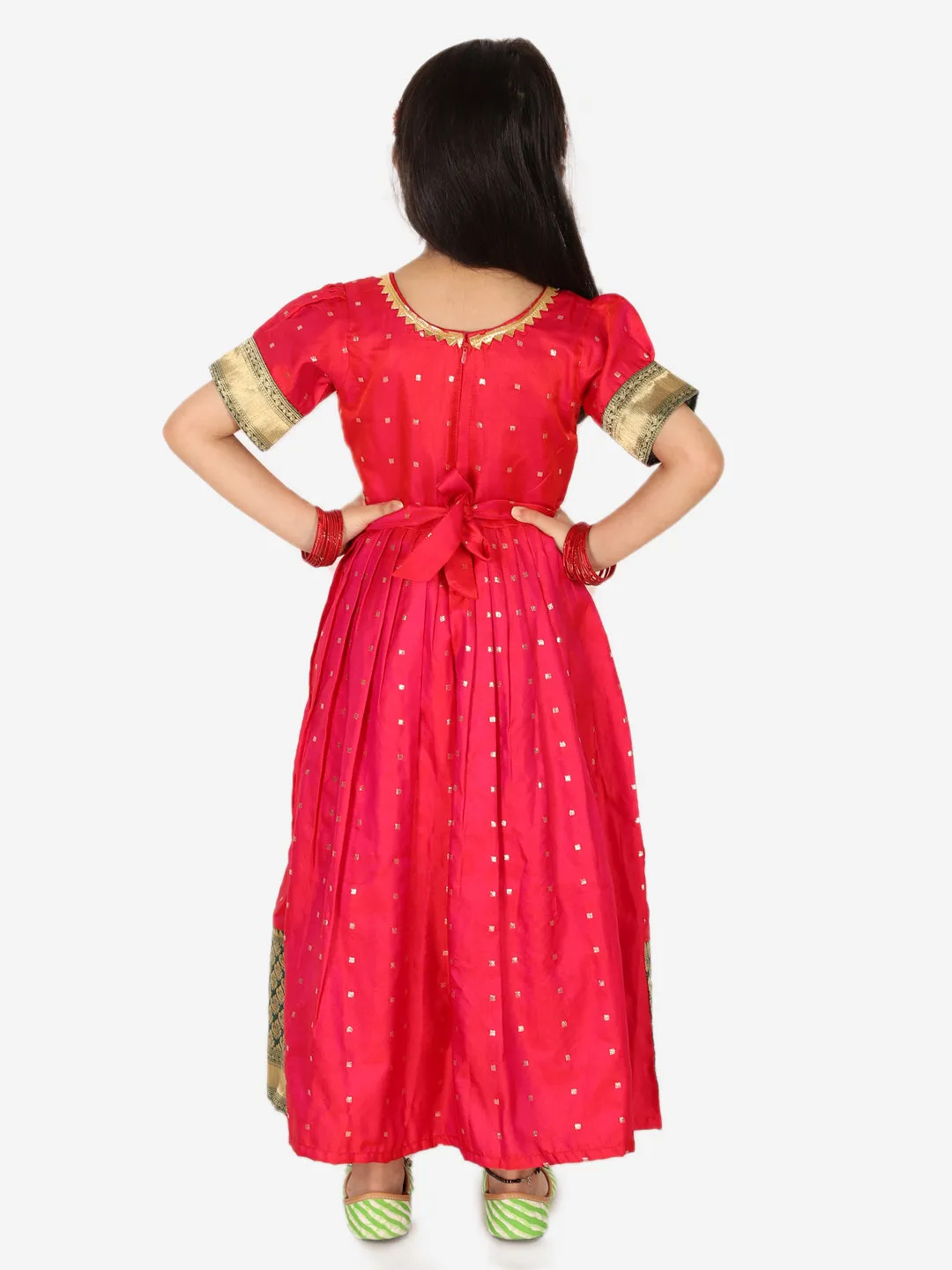 Ethnic Silk Booti Party Dress Gown for Girls- Pink