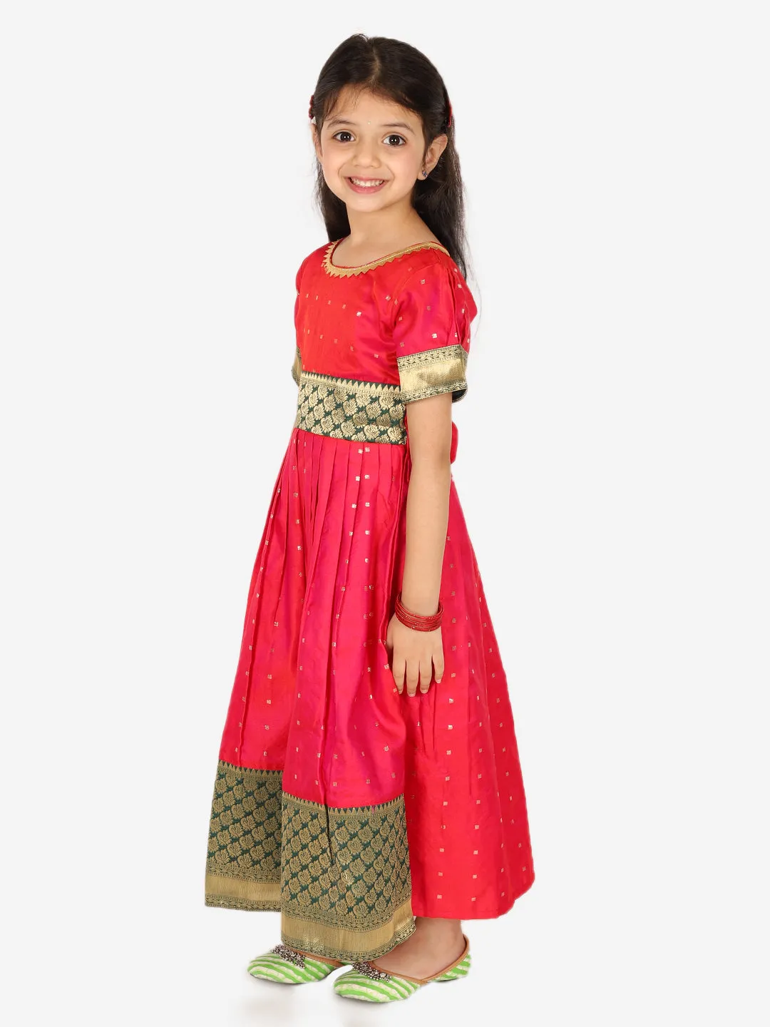 Ethnic Silk Booti Party Dress Gown for Girls- Pink