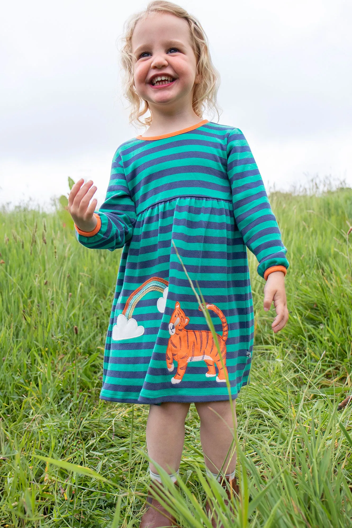 Frugi Dolcie Dress Iguana Stripe Tiger