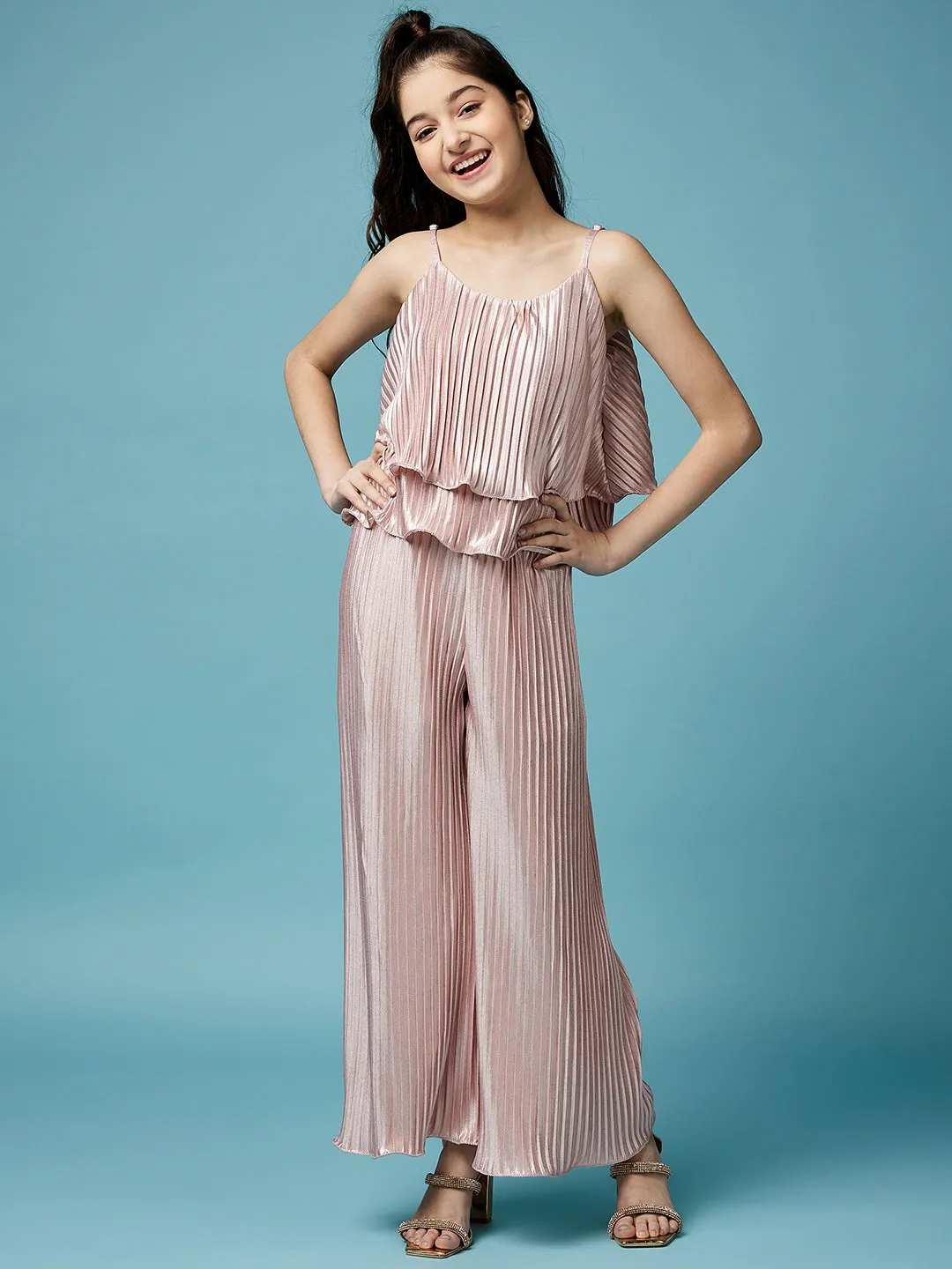 Girls Accordion Pleated Basic Jumpsuit