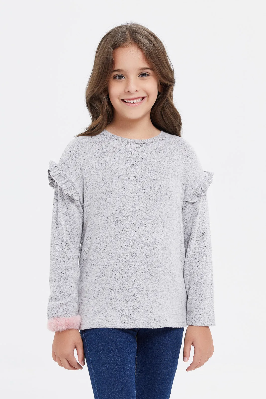 Girls Grey Brushed Studded Top With a Scrunchy