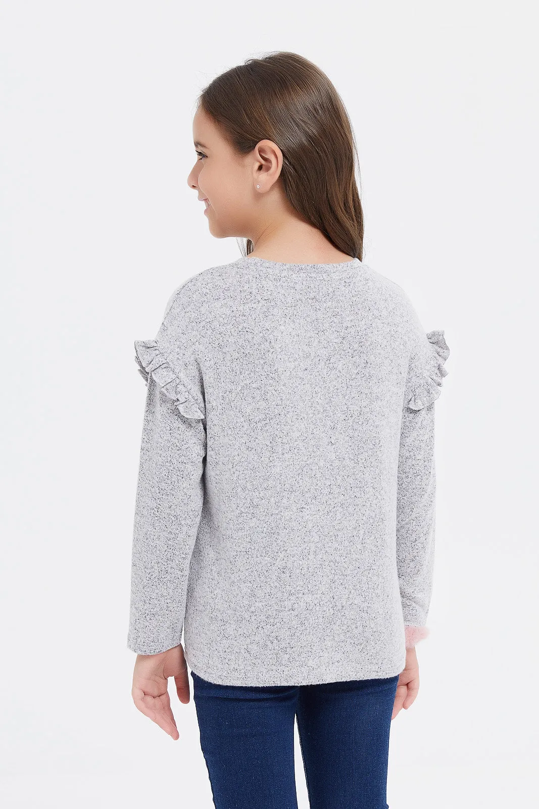 Girls Grey Brushed Studded Top With a Scrunchy