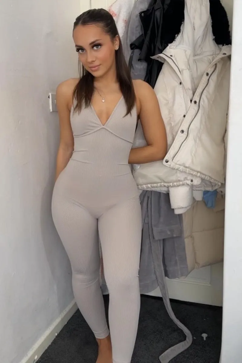 Grey Ribbed Plunge Neck Jumpsuit - Yuma