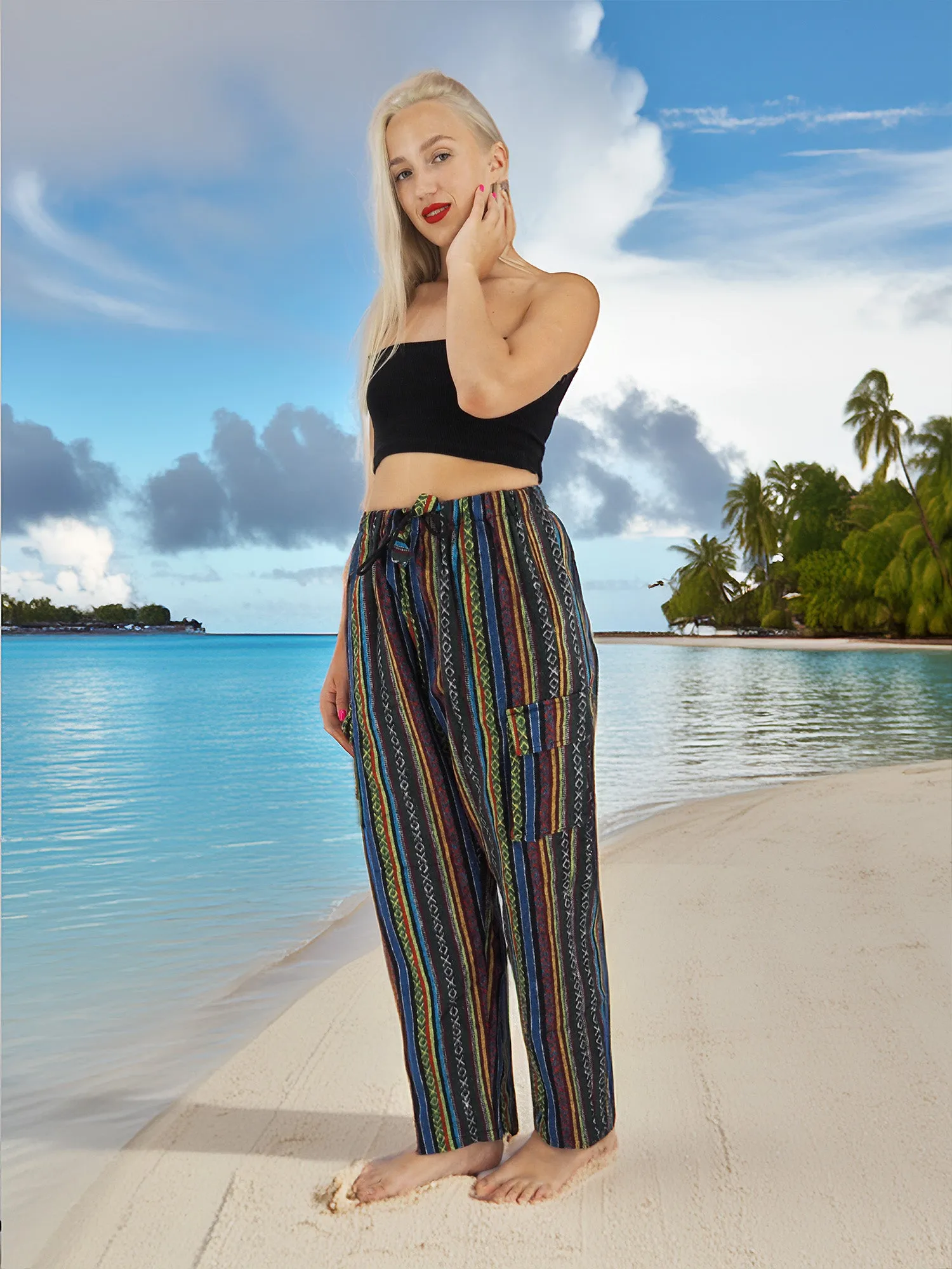 Handmade Casual Boho Hippie Cotton Blue Stripe Pants Multi Color Size S-M-L-XL