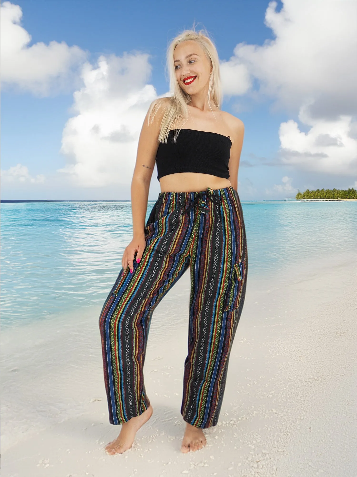 Handmade Casual Boho Hippie Cotton Blue Stripe Pants Multi Color Size S-M-L-XL