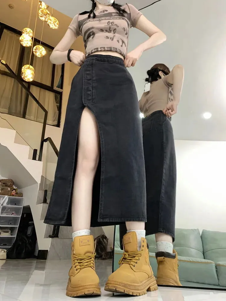 High Leggy Side Slit Mid-Calf Denim Skirts