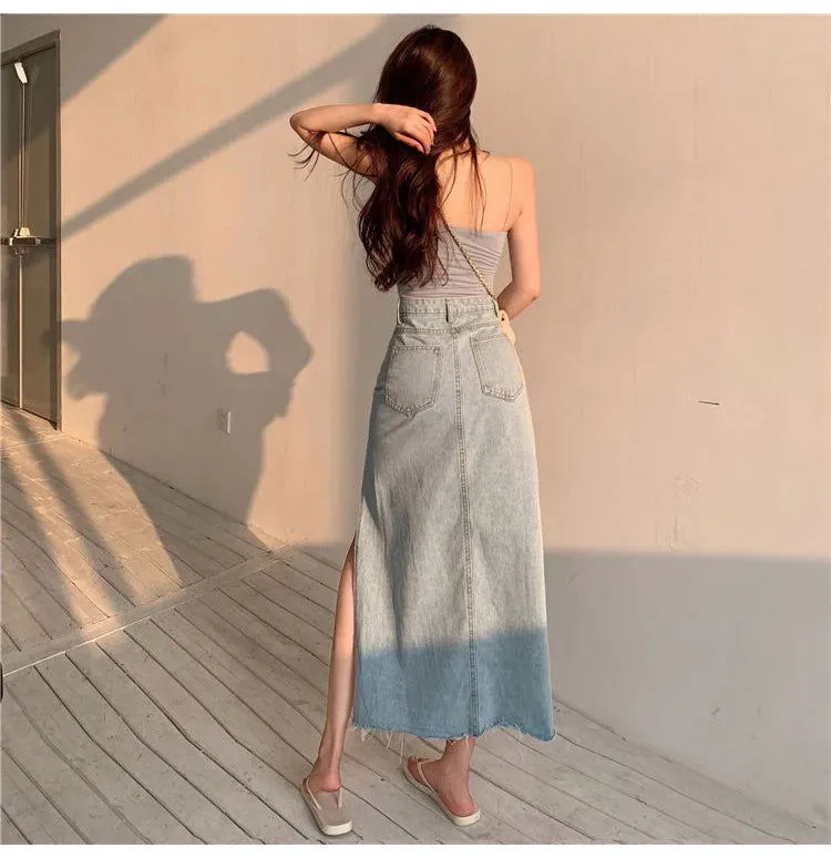 High Leggy Slit Empire Waist Mid-Calf Denim Skirts