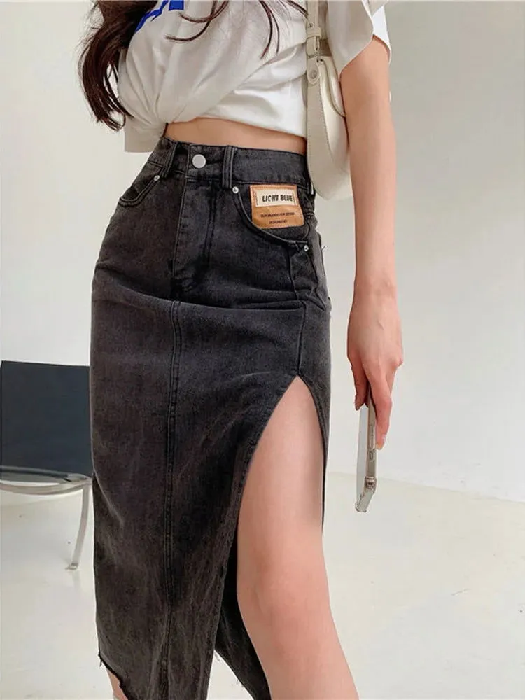 High Leggy Slit Empire Waist Mid-Calf Denim Skirts