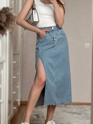 High Leggy Slit Empire Waist Mid-Calf Denim Skirts