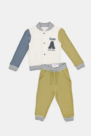 Infant Boys White And Beige Bomber Job Suit (2 Piece)