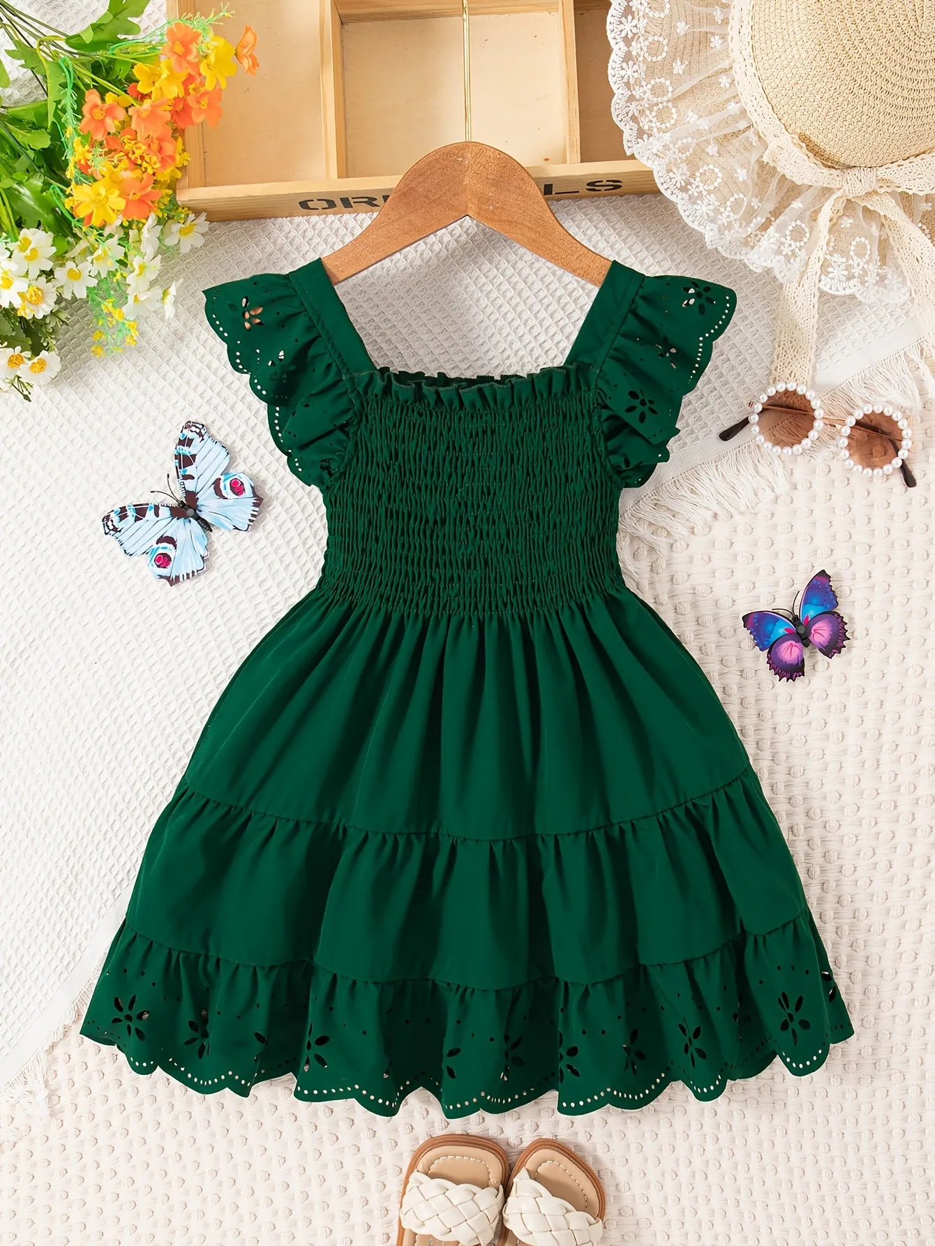 Knee-High Girls Comfy Solid Ruffle Sleeve Square Neck Dress for Summer Holiday Party - Loose Fit, Flared Hem, Shirred Details, Non-Stretch Polyester Fabric - Perfect Gift for Little Princesses