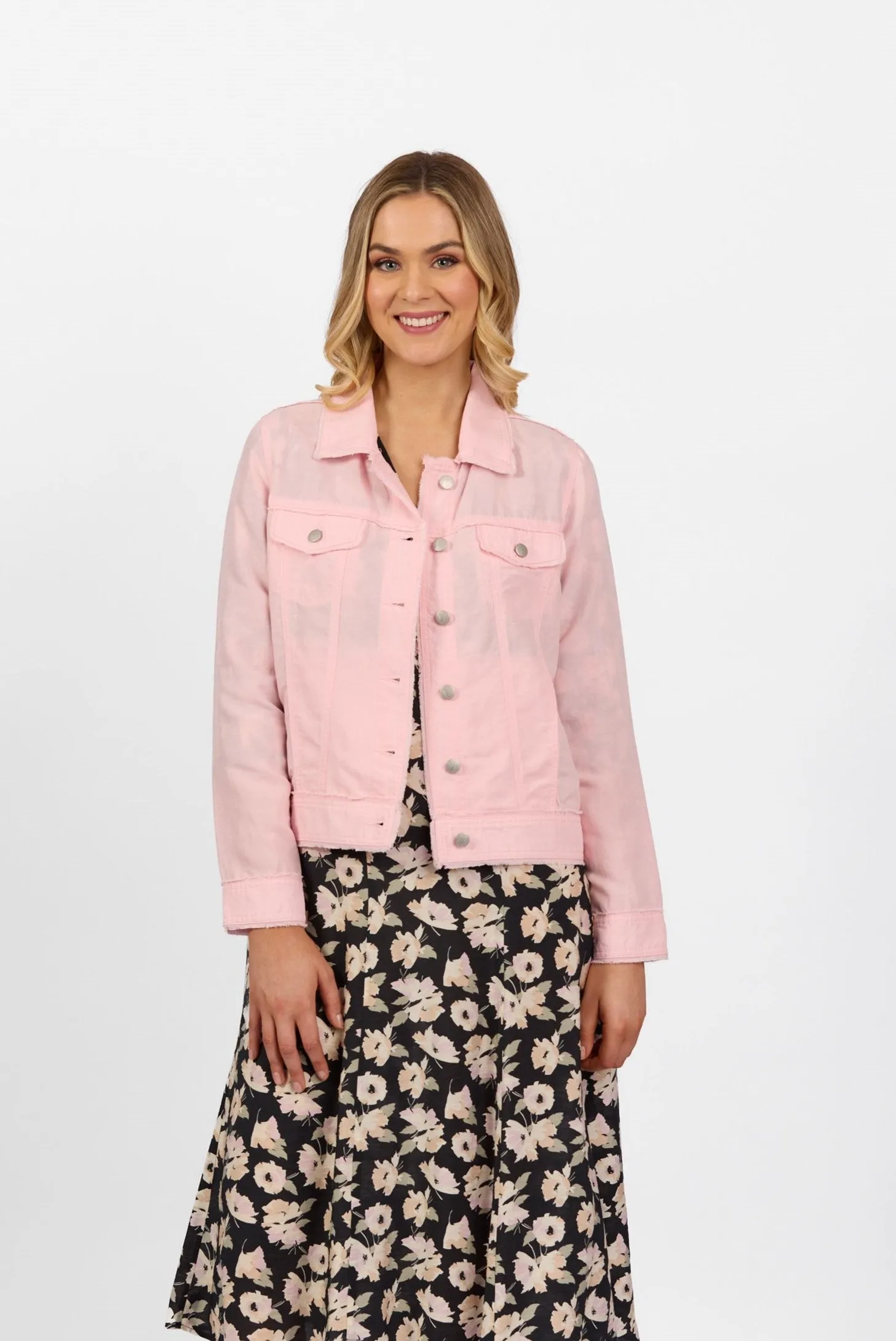 Linen Jacket with Frayed Seams - Light Pink