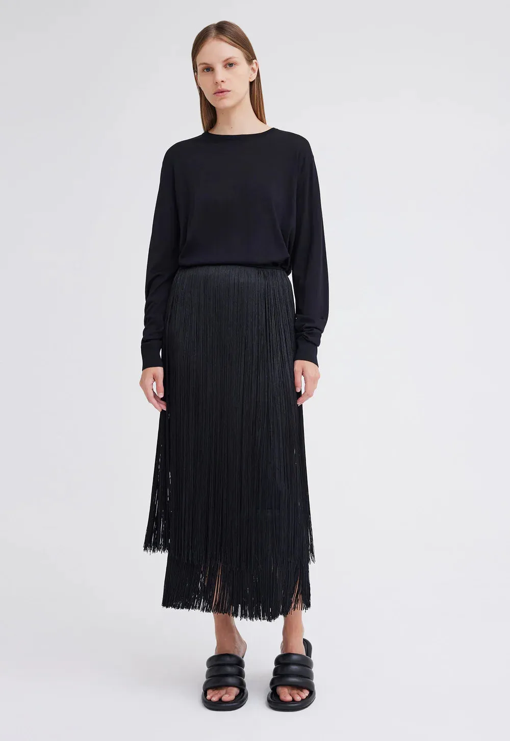 Marquee Wool Fringe Skirt in Black