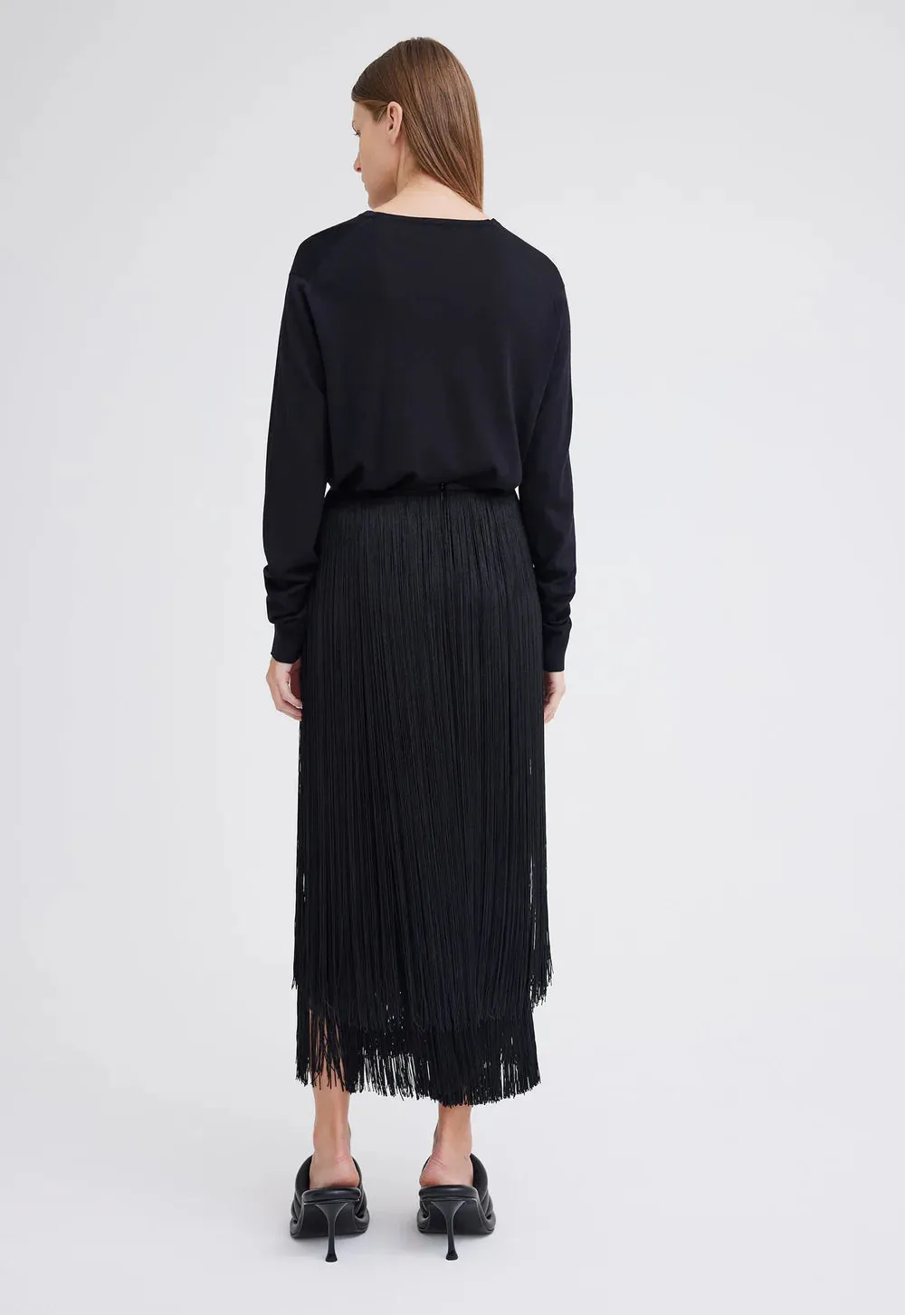 Marquee Wool Fringe Skirt in Black