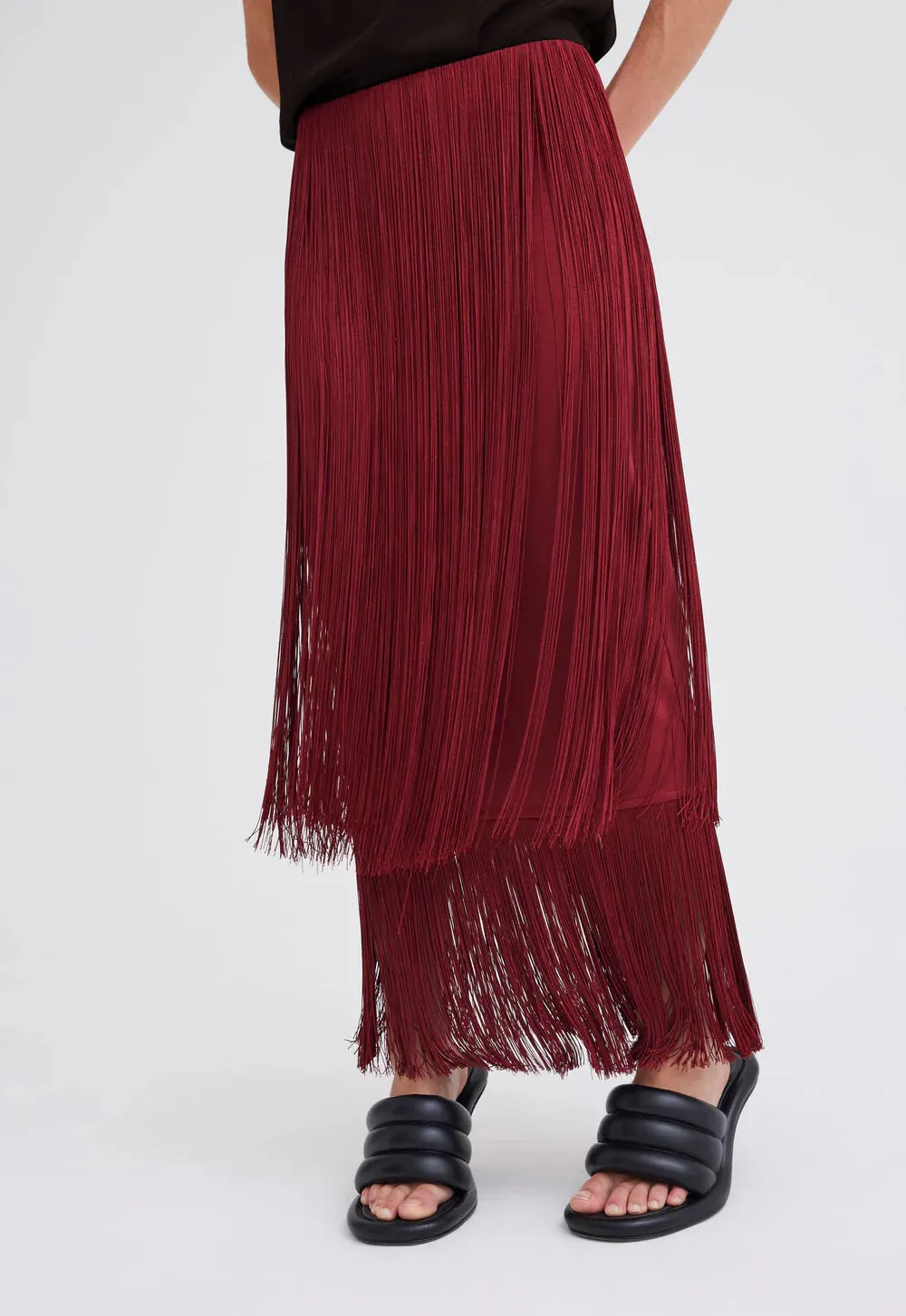 Marquee Wool Fringe Skirt in Cheru Red