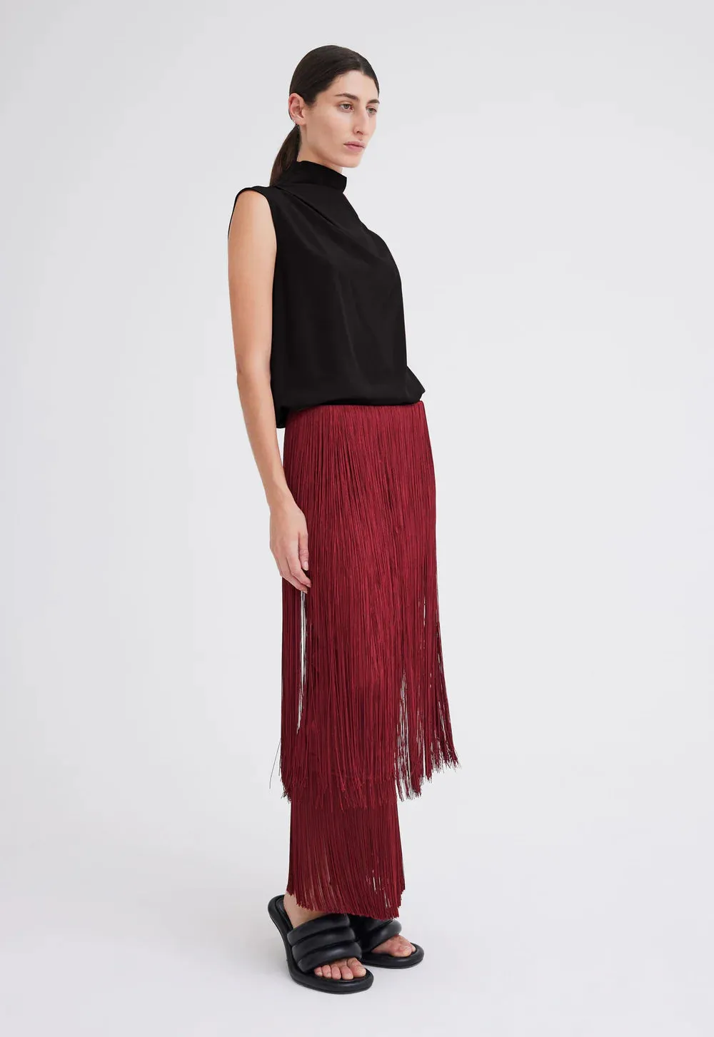 Marquee Wool Fringe Skirt in Cheru Red