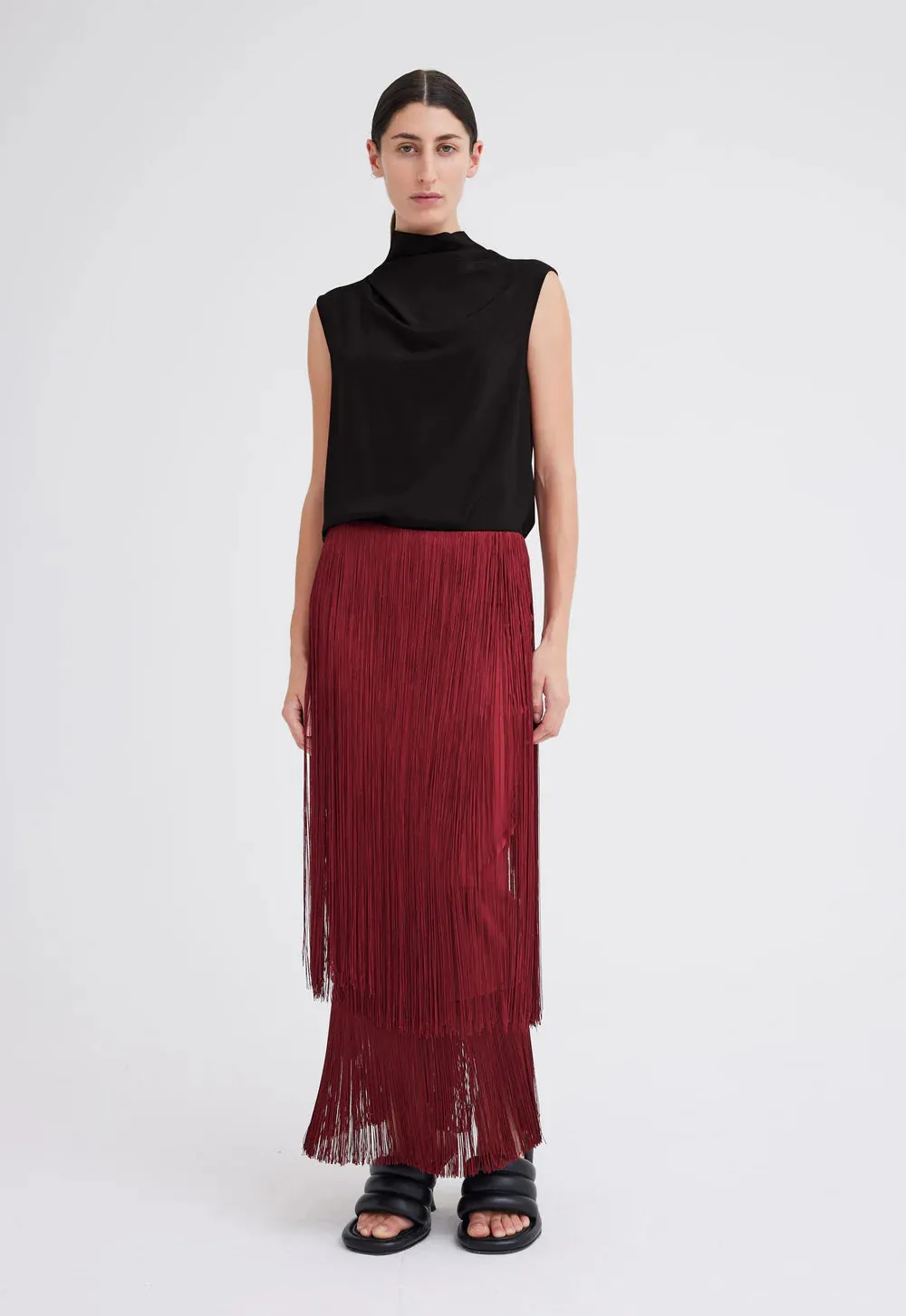 Marquee Wool Fringe Skirt in Cheru Red