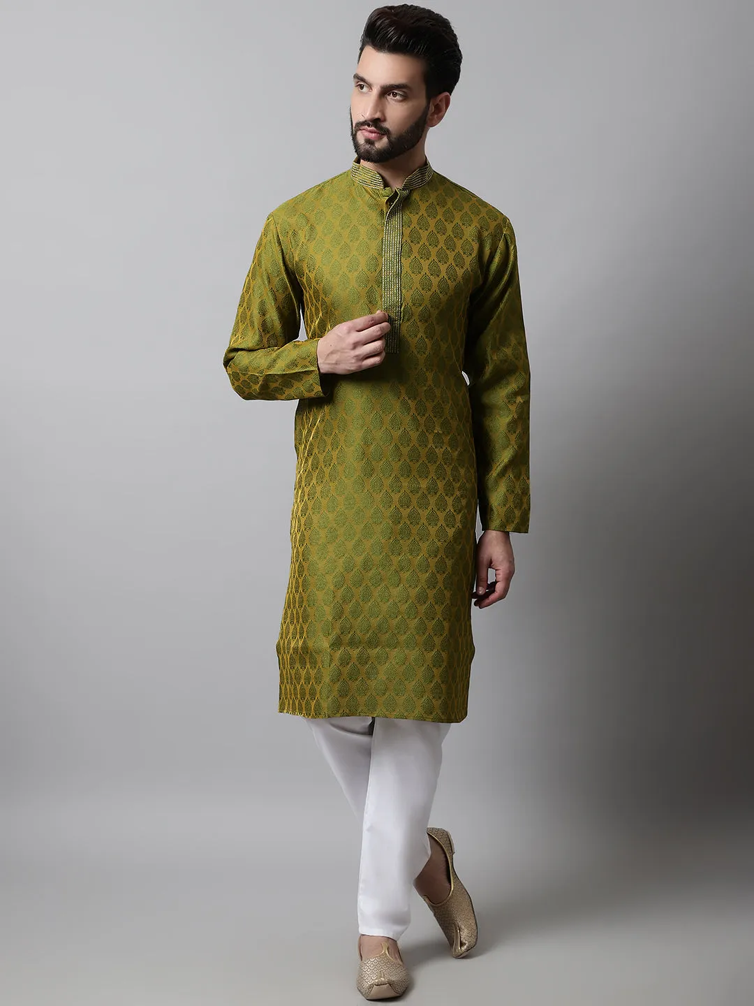 Men Olive Green And White Woven Design Kurta With Churidar