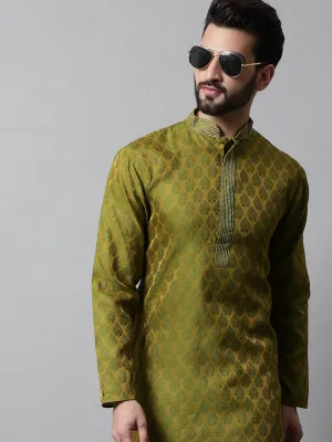 Men Olive Green And White Woven Design Kurta With Churidar