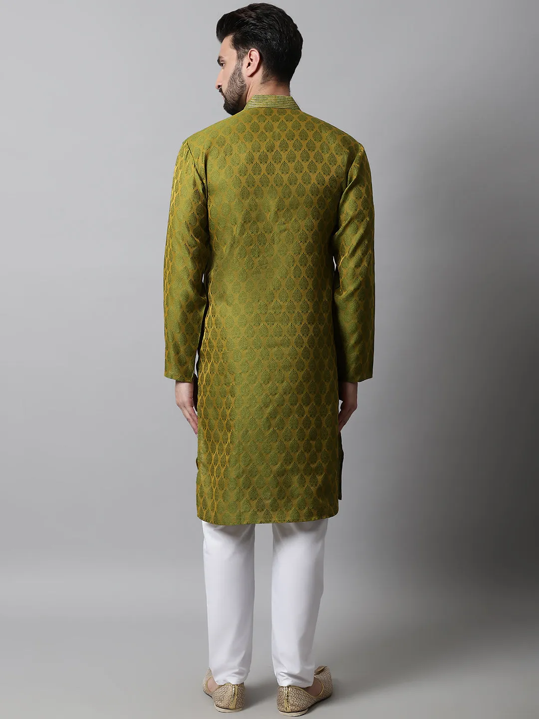 Men Olive Green And White Woven Design Kurta With Churidar