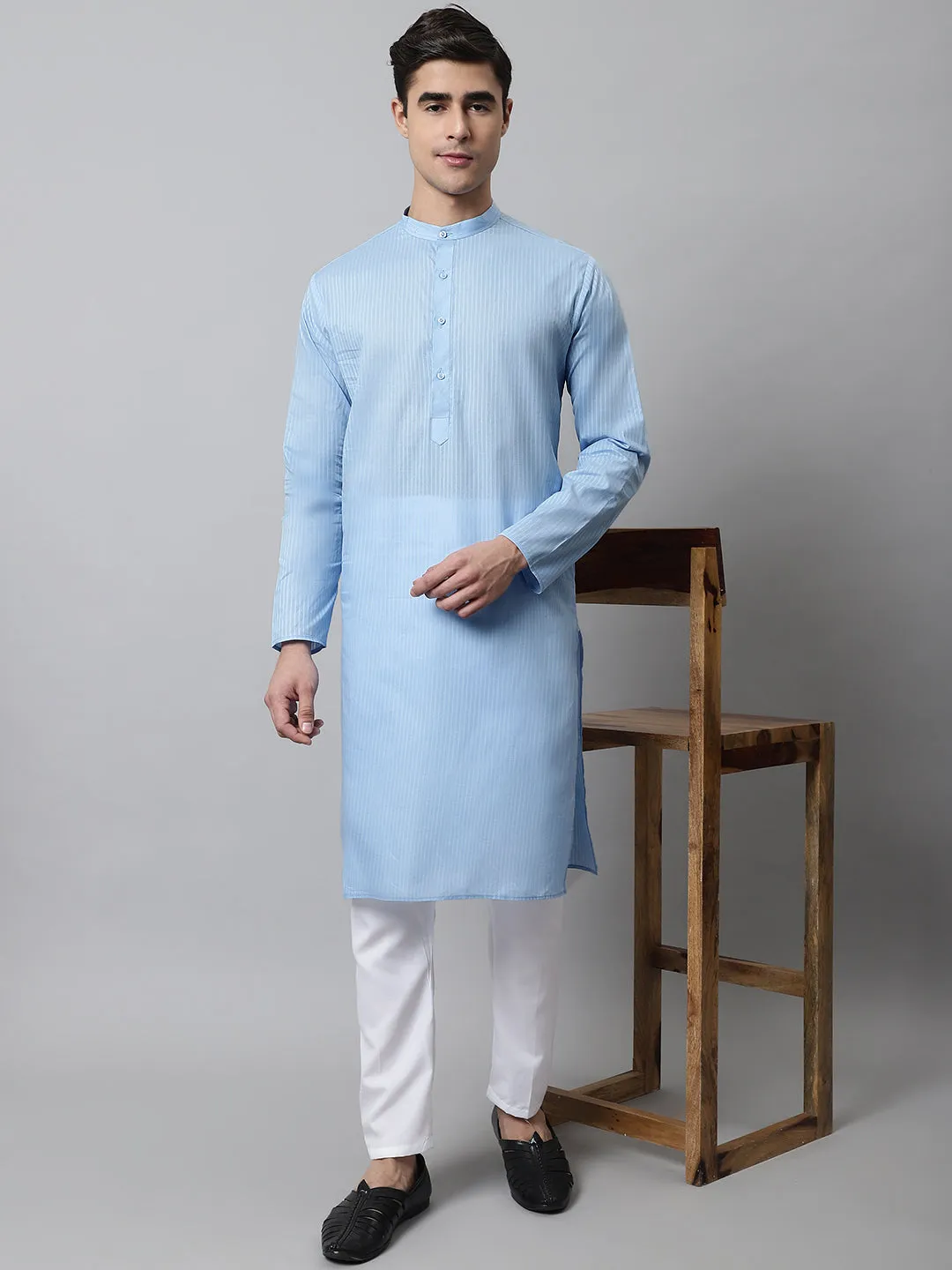 Men'S Light Blue Cotton Striped Kurtas