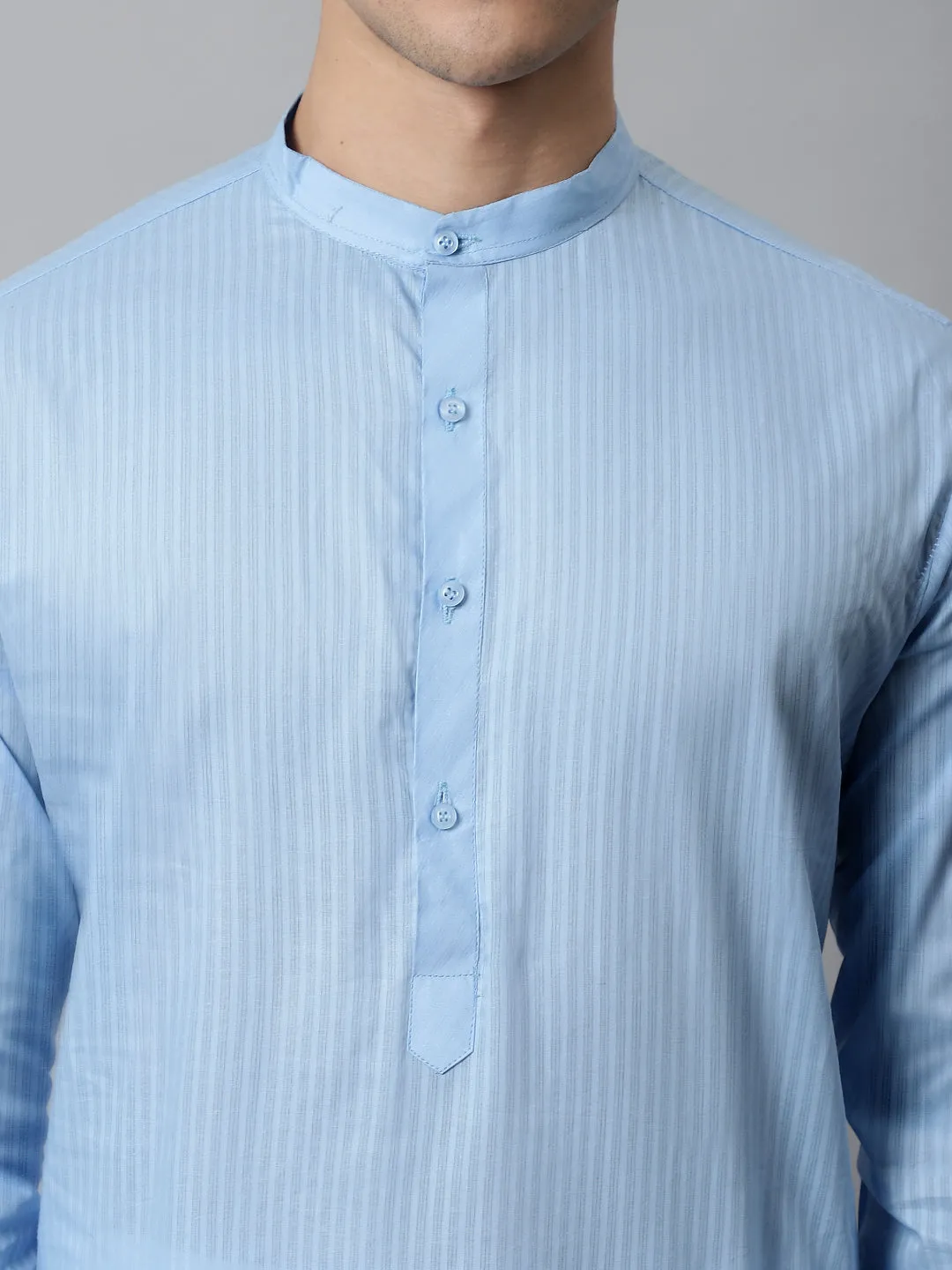 Men'S Light Blue Cotton Striped Kurtas