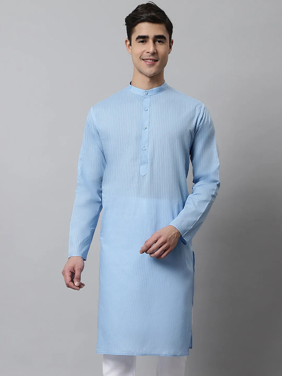 Men'S Light Blue Cotton Striped Kurtas