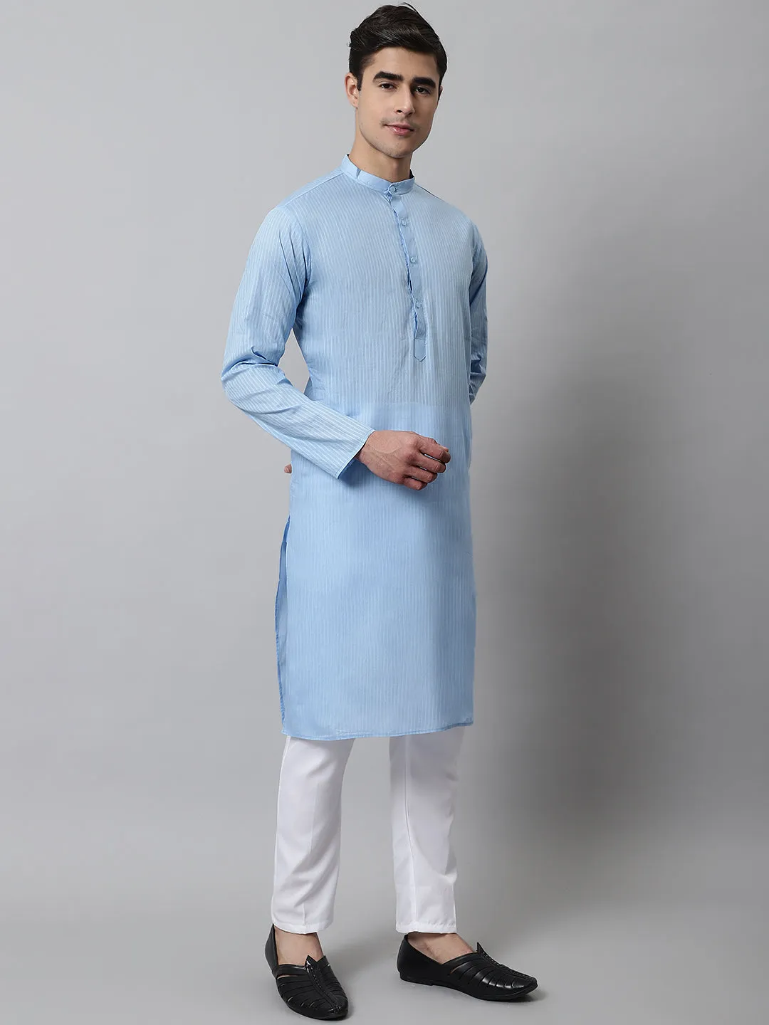 Men'S Light Blue Cotton Striped Kurtas