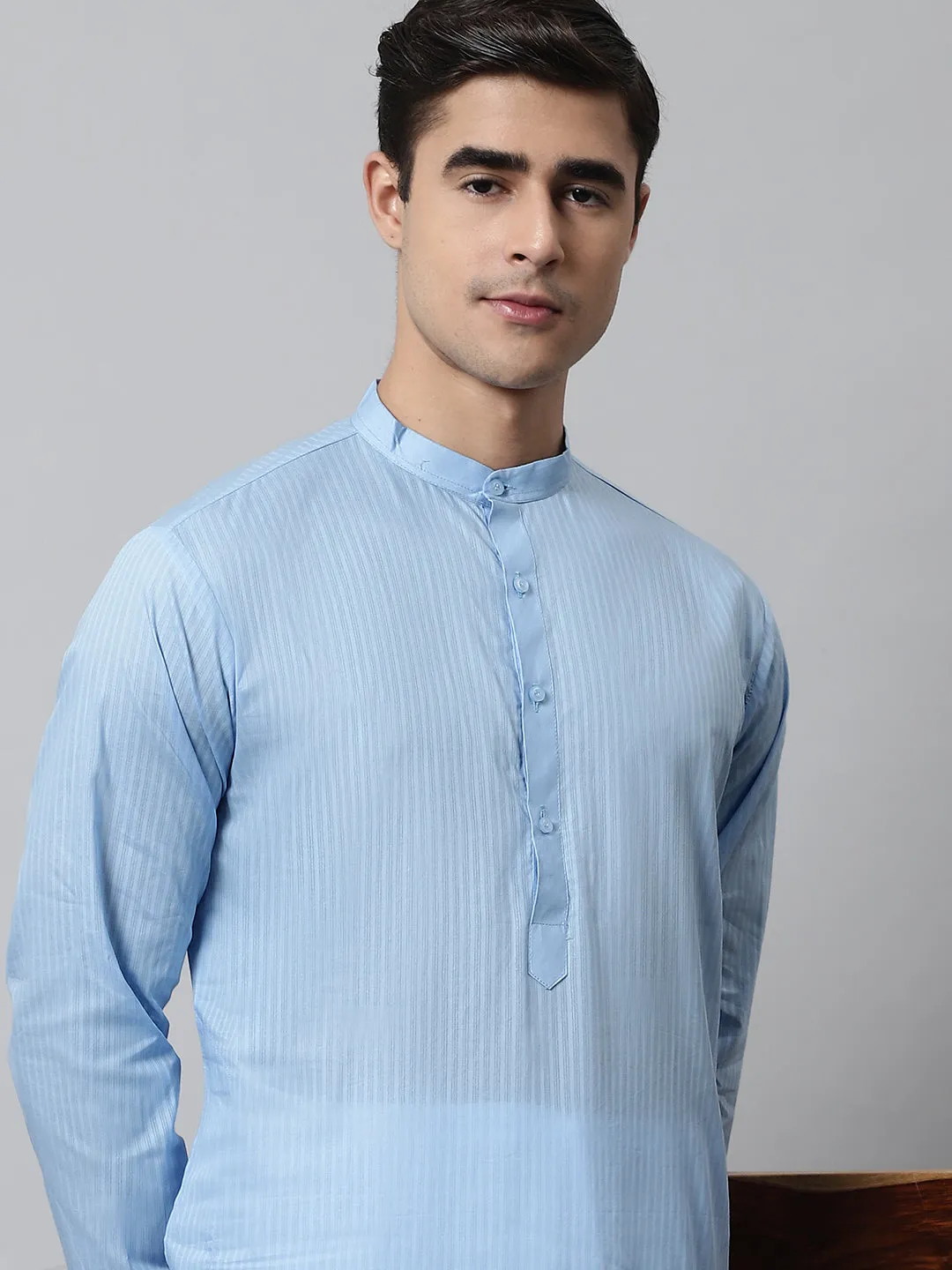 Men'S Light Blue Cotton Striped Kurtas