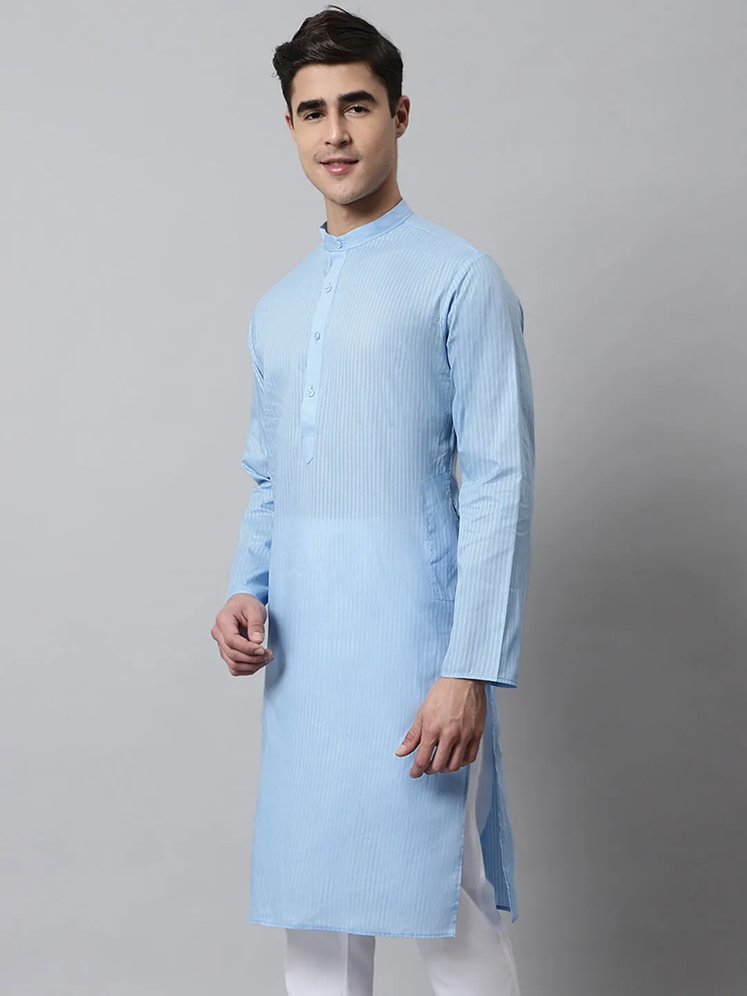 Men'S Light Blue Cotton Striped Kurtas