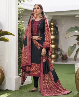 Mumtaz Lawn Cotton Unstitched Black Salwar Suit Material With Neck Embroidery