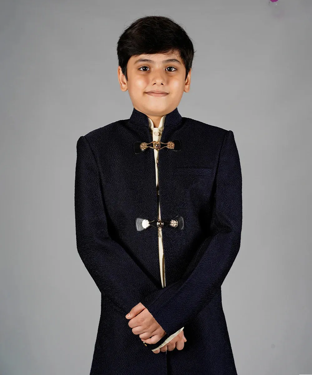 Navy Sherwani with Cream Colored Kurta-Pajama for Boys