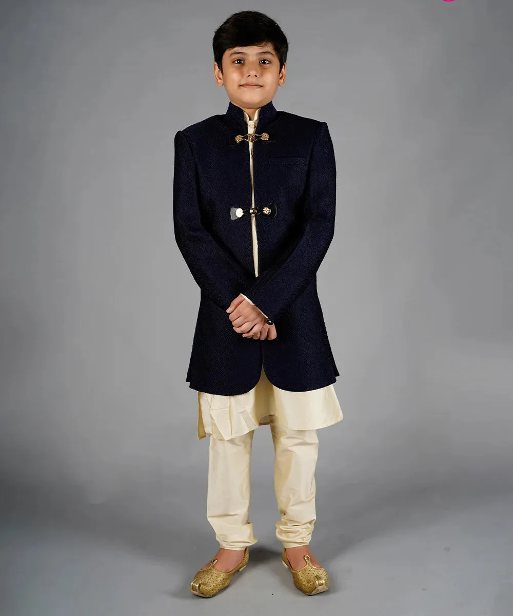 Navy Sherwani with Cream Colored Kurta-Pajama for Boys