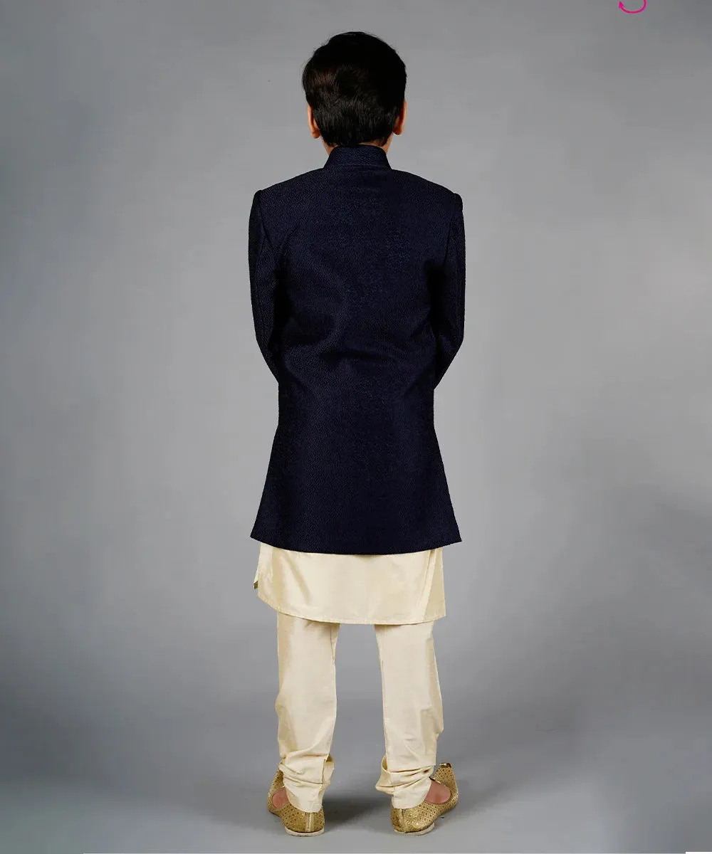 Navy Sherwani with Cream Colored Kurta-Pajama for Boys