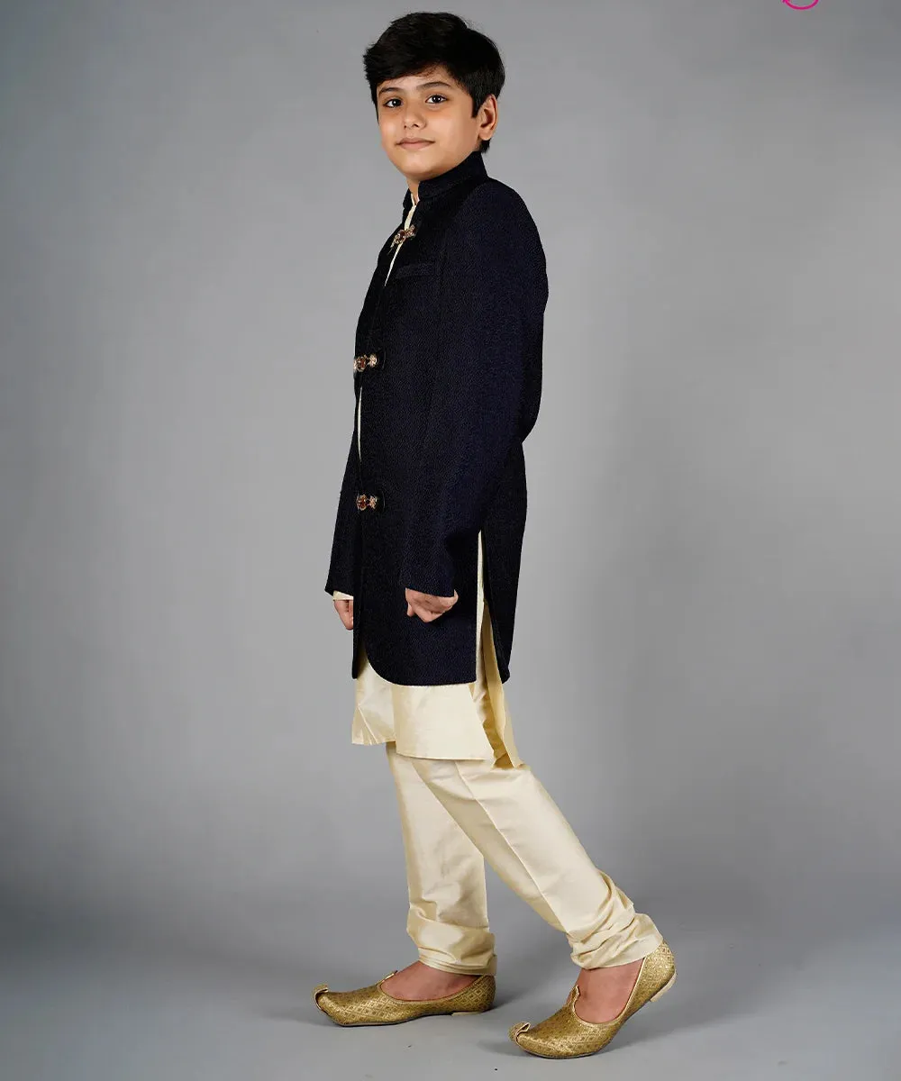 Navy Sherwani with Cream Colored Kurta-Pajama for Boys