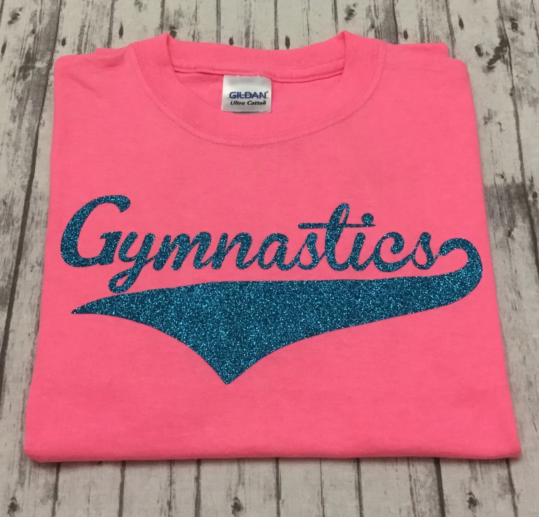 Neon Pink Gymnastics T-shirt with Aqua Glitter Vinyl