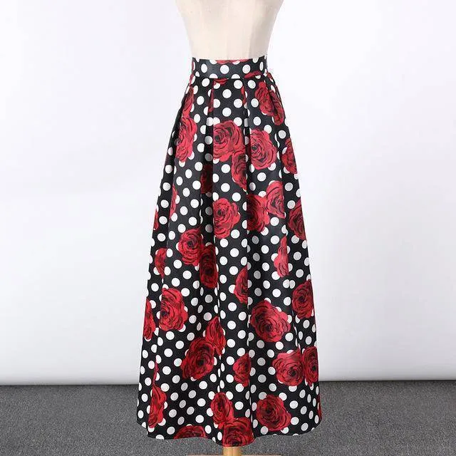 New Satin Women 100cm High Waist Flared Maxi Skirts Peach Blossom Printed Pleated Floor Length Long Skirts Saias SP041