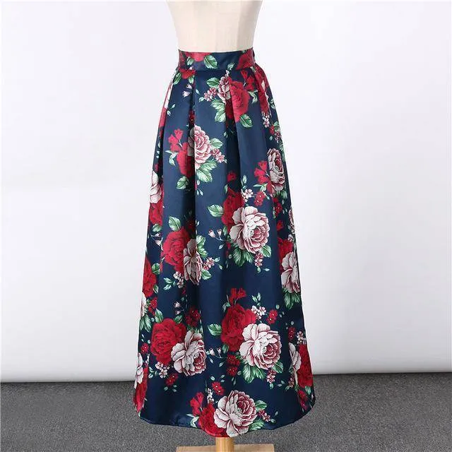 New Satin Women 100cm High Waist Flared Maxi Skirts Peach Blossom Printed Pleated Floor Length Long Skirts Saias SP041