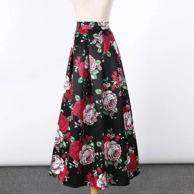 New Satin Women 100cm High Waist Flared Maxi Skirts Peach Blossom Printed Pleated Floor Length Long Skirts Saias SP041