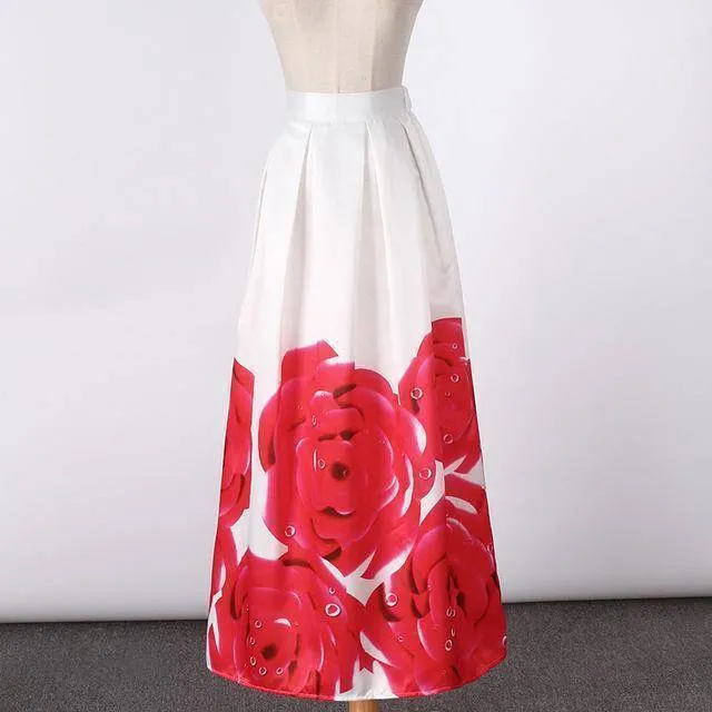 New Satin Women 100cm High Waist Flared Maxi Skirts Peach Blossom Printed Pleated Floor Length Long Skirts Saias SP041