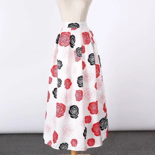 New Satin Women 100cm High Waist Flared Maxi Skirts Peach Blossom Printed Pleated Floor Length Long Skirts Saias SP041