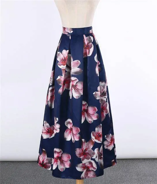 New Satin Women 100cm High Waist Flared Maxi Skirts Peach Blossom Printed Pleated Floor Length Long Skirts Saias SP041