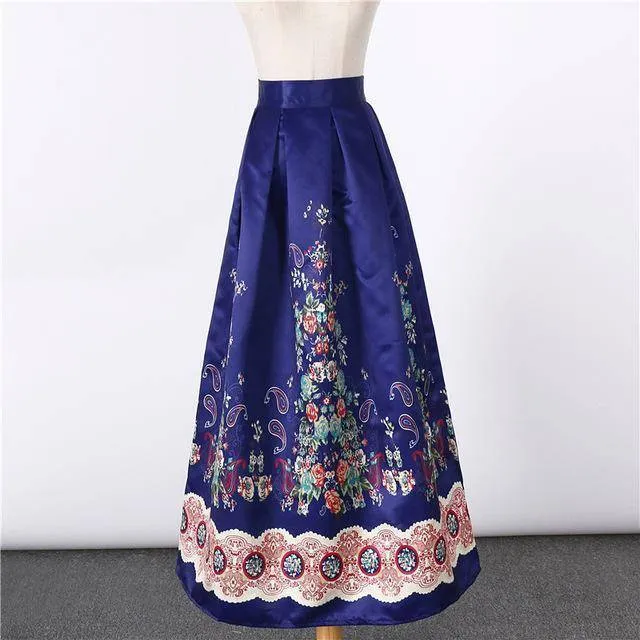 New Satin Women 100cm High Waist Flared Maxi Skirts Peach Blossom Printed Pleated Floor Length Long Skirts Saias SP041