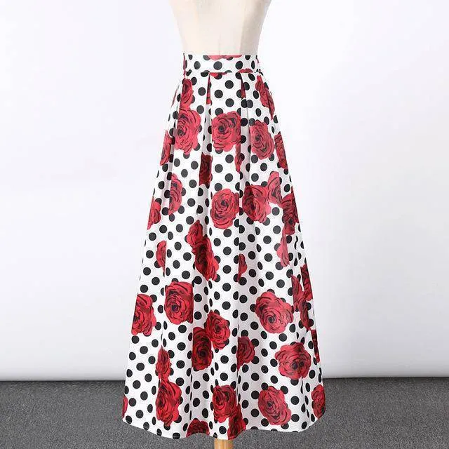 New Satin Women 100cm High Waist Flared Maxi Skirts Peach Blossom Printed Pleated Floor Length Long Skirts Saias SP041