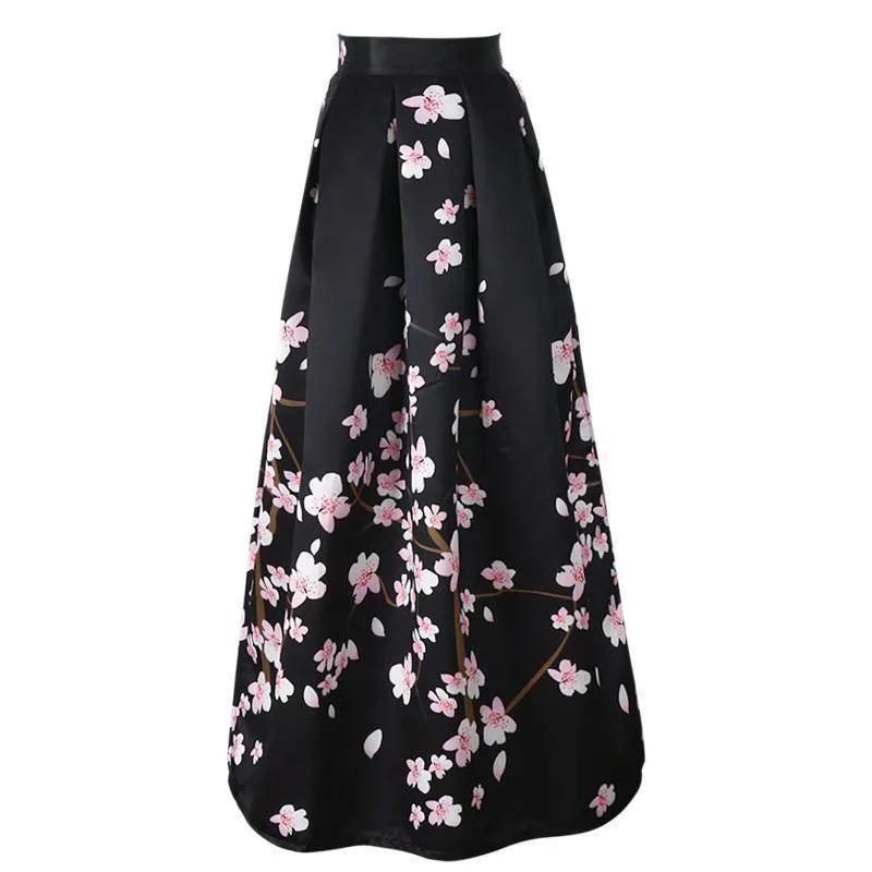 New Satin Women 100cm High Waist Flared Maxi Skirts Peach Blossom Printed Pleated Floor Length Long Skirts Saias SP041