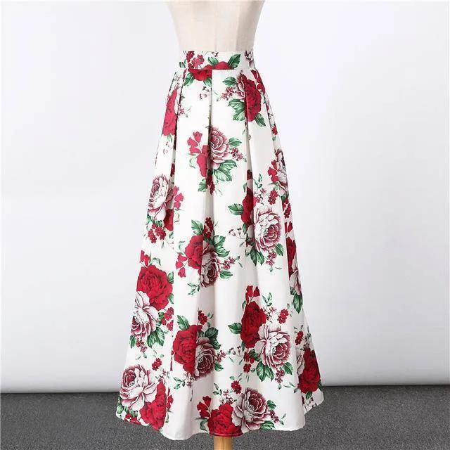 New Satin Women 100cm High Waist Flared Maxi Skirts Peach Blossom Printed Pleated Floor Length Long Skirts Saias SP041