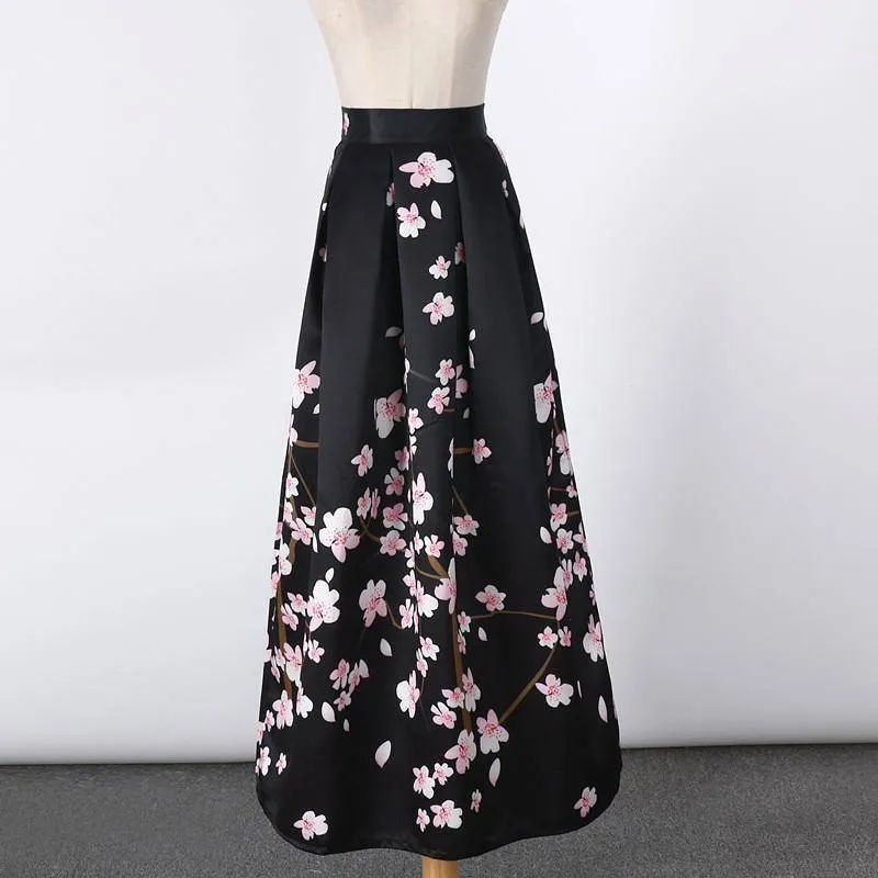 New Satin Women 100cm High Waist Flared Maxi Skirts Peach Blossom Printed Pleated Floor Length Long Skirts Saias SP041